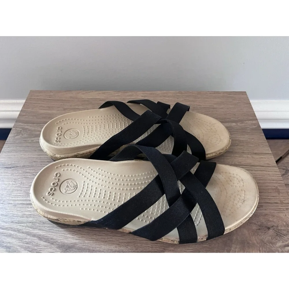 Crocs Womens 9 Black Eddie Criss Cross Wedge Slides Sandals